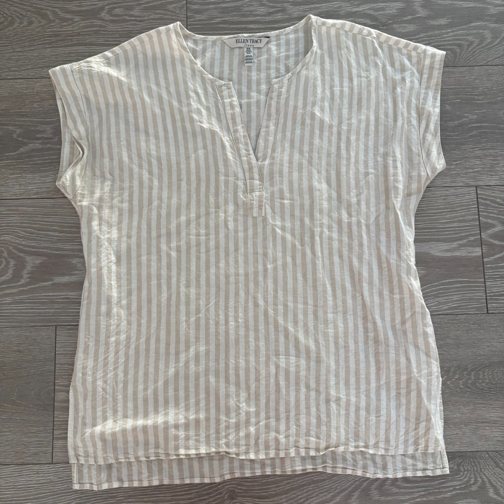 Womens Linen top Beige White Striped Linen Blend Lightweight Top Size Medium